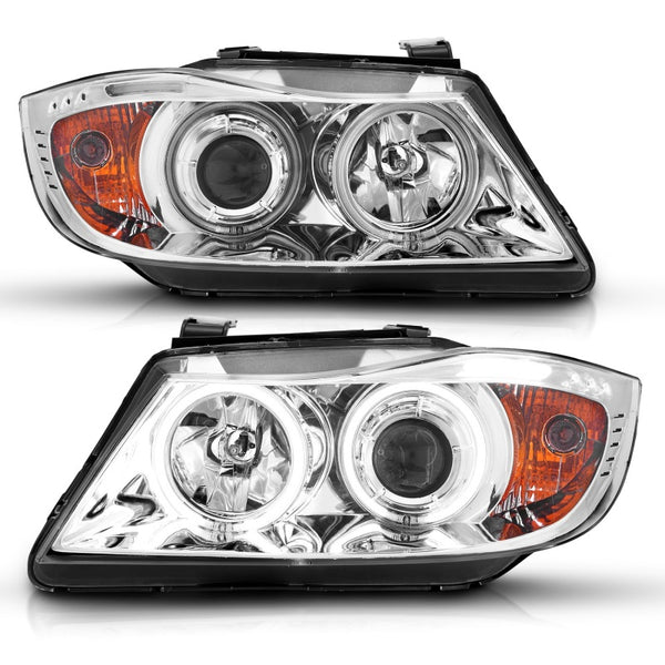 ANZO 2006-2008 BMW 3 Series E90-E91 Projector Headlights w/ Halo w/ LED Bar Chrome (CCFL)