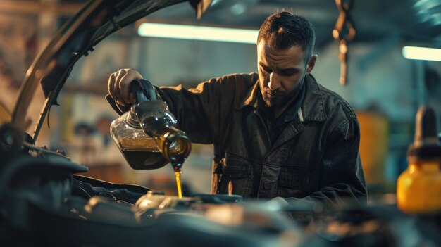 aged mechanic pouring oil into a car engine